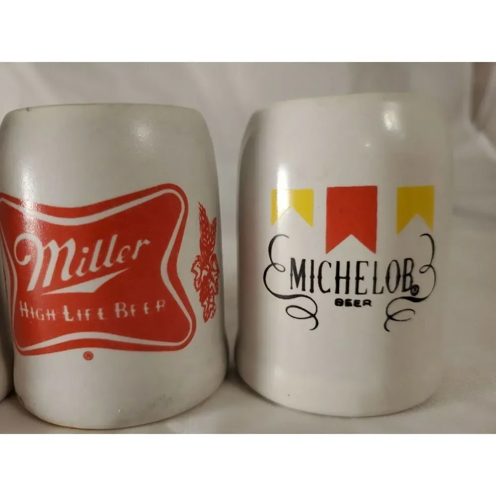 Beer Mugs Shot Glasses Lot of 4 Barware Budweiser Miller Strohs Michelob Mancave